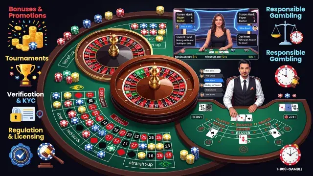 Online Casino Guide: Roulette and Baccarat Rules, Live Dealer Bets, Bonuses, Tournaments, Verification, Regulation and Responsible Gambling